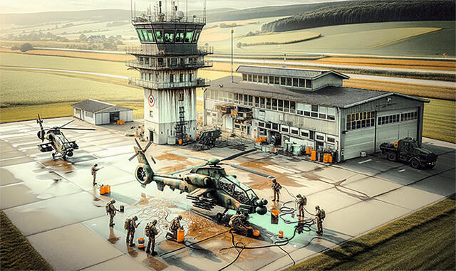 Dekontamination auf dem Airfield Pinkafeld nach einem Granattreffer mit Sarin. (Foto: Olivier Foissy/KI-generiert)