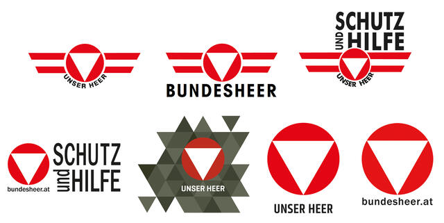 Übersicht der Bundesheer-Logos; zentrales Element waren stets das Hoheitszeichen mit Wortzusatz und die Farbkombination „Rot-Weiß-Rot“, aus dem sich die Wort-Bild-Marke ableitete (Logos: Bundesheer).