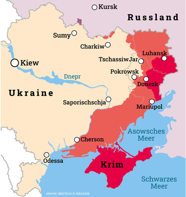 Die militärische Situation im Ukraine-Krieg im Mai 2025 mit den von Russland kontrollierten Gebieten. (Grafik: Redtd/H. P. Rizzardi)