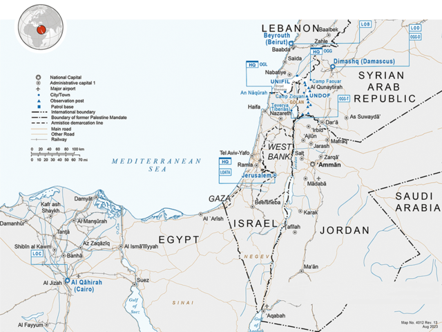 Der Einsatzraum von UNTSO erstreckt sich über Israel, Libanon, Syrien, Jordanien und Ägypten. Das Hauptquartier befindet sich in Jerusalem. (Grafik: United Nations/Geospatial)