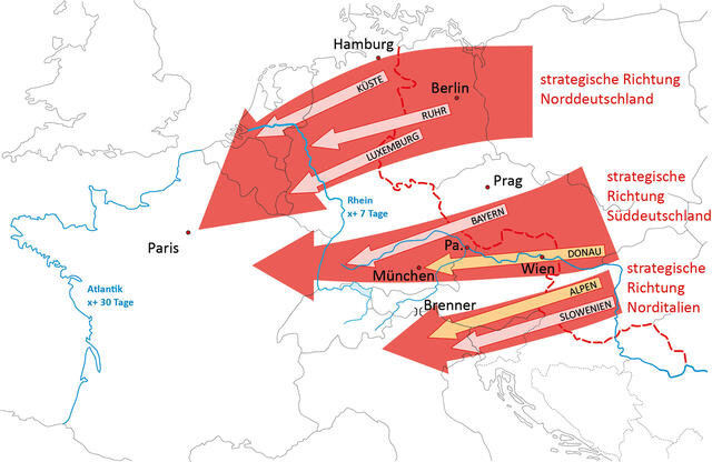 Aus Osteuropa gab es drei mögliche Hauptangriffsrichtungen Richtung Atlantischer Ozean. Zwei davon hätten österreichisches Staatsgebiet genützt: Ein Angriffsstrang wäre entlang der Donau und einer südlich der Alpen verlaufen. (Grafik: Jörg Aschenbrenner)